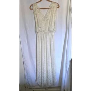 Vintage Romantic Cream Lace Maxi Floral Print Slip Dress Large Bridal Western